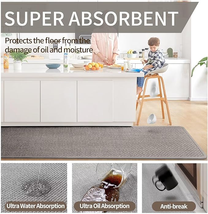 Kitchen Mat Set of 2 PCS, Cushioned Non Slip Rugs for Kitchen Floor, Absorbent Runner Comfort Standing Mats Washable for Kitchen, Office, Home Grey 17x30+17x47