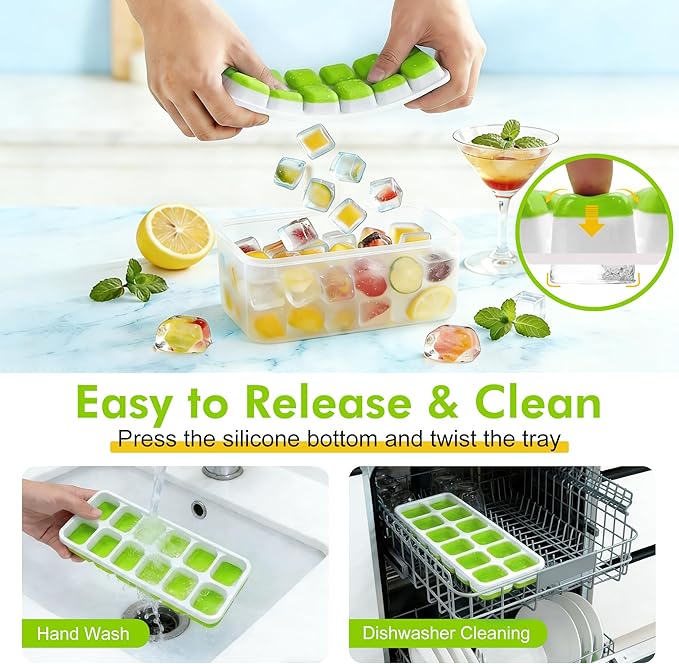 NFK Ice Cube Tray with Lid & Bin - 4 Pack 48 Cubes Stackable Silicone Trays for Freezer with Storage Container, Leak-Proof Lids, BPA-Free, Easy Release for Kitchen, RV, Party, Cocktail & Coffee