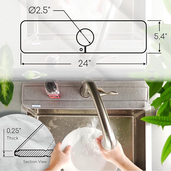 Ternal Original SINKMAT 24in XL Faucet Splash Guard Extra Long Microfiber Sink Drip Catcher Mat Non Slip Countertop Protector Drying Pad Kitchen Bathroom RV Machine Washable [Grey]