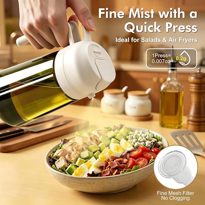 Poshetion 2 in 1 Olive Oil Sprayer for Cooking, 16oz Light-Proof Oil Dispenser for Kitchen, Leak-Proof Oil Spray Bottle for Air Fryer, Salad, BBQ, Baking, Grilling - White