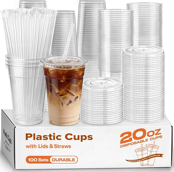100 Pack 20oz Plastic Cups with Lids and Straws, Clear Disposable Plastic Cups, Heavy Duty Iced Coffee Cups with Leak-Resistant Lids, Cold Drink Cups for Smoothies, Juice, Soda & Party To Go