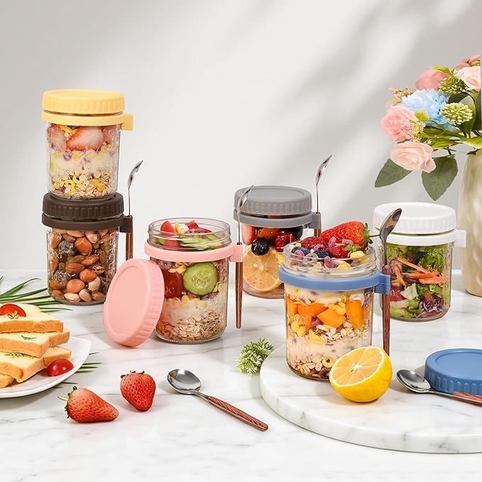 Artcochan 4 Pack Overnight Oats Containers with Lids and Spoons,16 oz Airtight Glass Mason Jars,Leak Proof Overnight Oats Jars for Yogurt, Salad, Chia Pudding