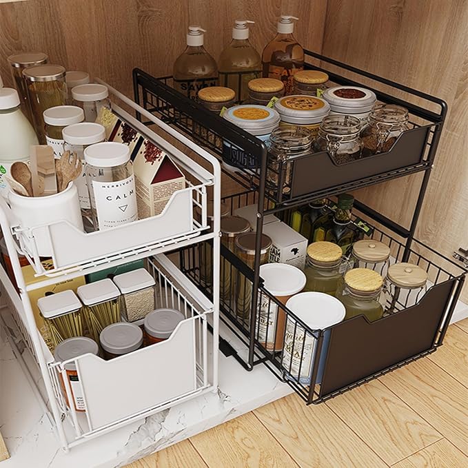 IDEALHOUSE 2-Tier Pull Out Cabinet Organizer, Heavy Duty Slide Out Pantry Shelves Drawer Storage Fixed with Adhesive Film, Sliding Mesh Cabinet Basket for Kitchen Bathroom Home, White