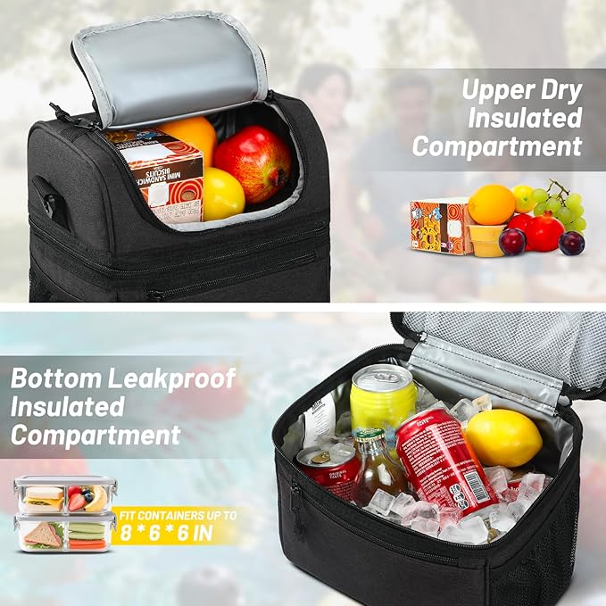 MIER Insulated Lunch Box Dual Compartment Lunch Bag Leakproof Cooler for Men Women Adult Work, Dark Grey, Medium (Upgraded Extra-Tall Bottom Layer)