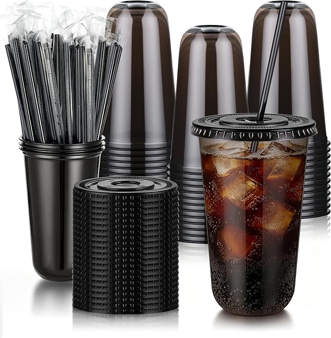 tchrules 100 Set 18oz Plastic Cups with Lids and Straws, Disposable Black Clear Iced Coffee Cup with Lid, Round Bottom Plastic To Go Cups for Cold Drinks Slushie Smoothie Soda Bar Party Shop Supplies