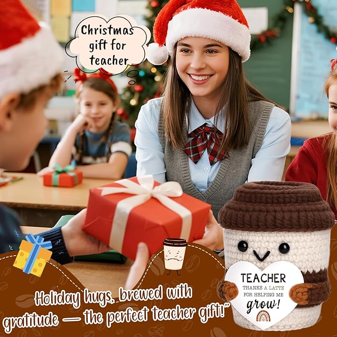 OCCdesign Mini Teacher Appreciation Gifts for Women Men Teachers Graduation Gift for Her Him Crochet Coffee Gifts for Birthday Retirement Thank You Gift Classroom Encouragement Handmade Coffee Cup