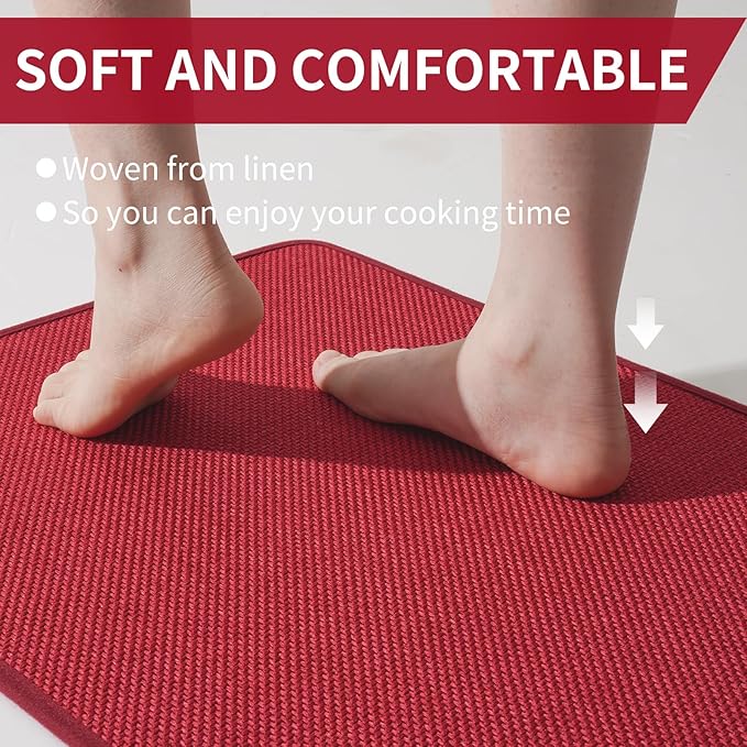 Kitchen Mats for Floor, Super Absorbent Kitchen Rugs Non Slip Washable, Soft Imitation Linen Braided Kitchen Runner Rug, Standing Mat Sink Mat, Easy to Clean, Red 17x30