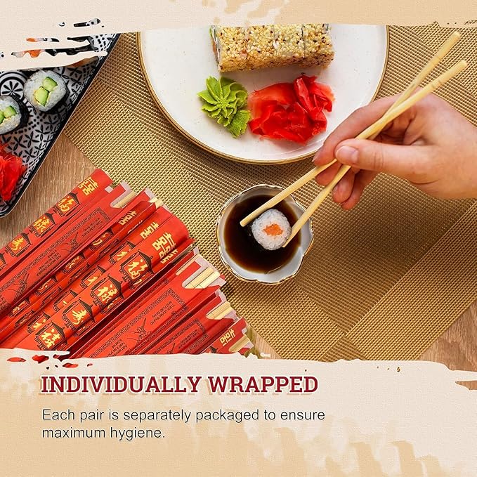 52USA Disposable Bamboo Chopsticks (1000 Sets), Wooden Japanese Chopstick Bulk, 9'' Long Chopsticks Disposable, Individually Wrapped Chinese Chopstick