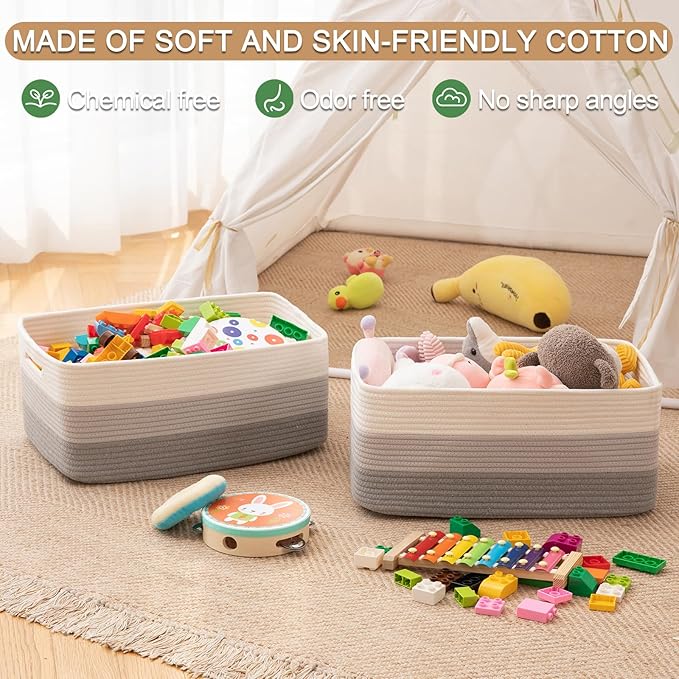 OIASKET Large Storage Basket for Organizing, Woven Rope Basket for Shelves, Closet Organizer Bins for Clothes, Blanket, Toys, Baby Nursery Storage, 17.7" x 13" x 7.87", 2 Packs Gradient Grey