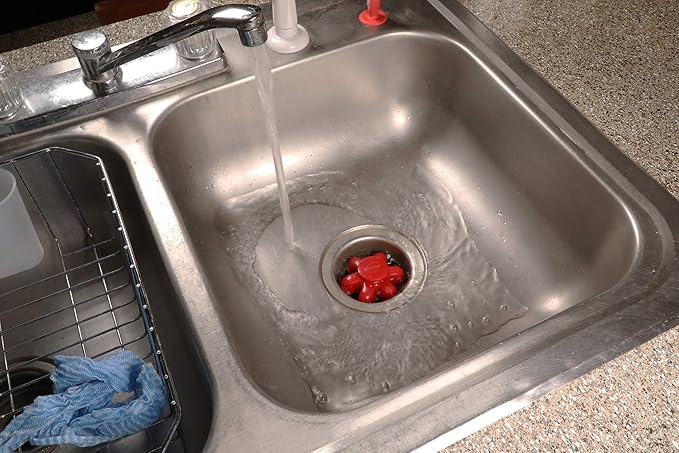 Danco 10761A Disposal Genie II Garbage Disposal Strainer and Stopper, Kitchen Sink Drain Splash Guard with Food Scraper, Red, 1-Pack
