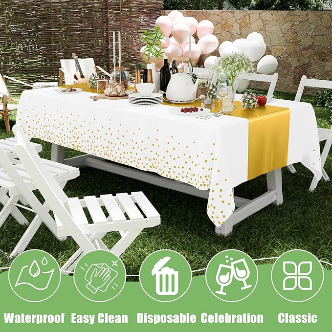 Smiry Plastic Table Cloth Disposable 4 Pack, 54 x 108 Inch Rectangle Waterproof Tablecloth, Printed Gold Table Runner Style for Birthday Weeding, Party Decorations, Leakproof & Sturdy, White and Gold