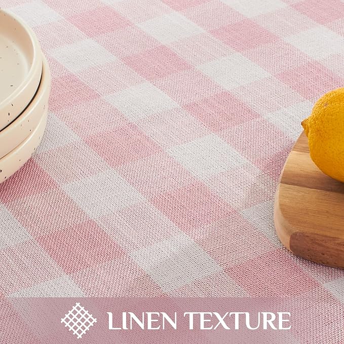 Softalker Pink Gingham Tablecloth Square, Outdoor Linen Cotton Checkered Table Cloth with Tassel, Heavy Duty Wrinkle Free Buffalo Plaid Table Cover for Kitchen Dining Home Party - 55 x 55 Inch