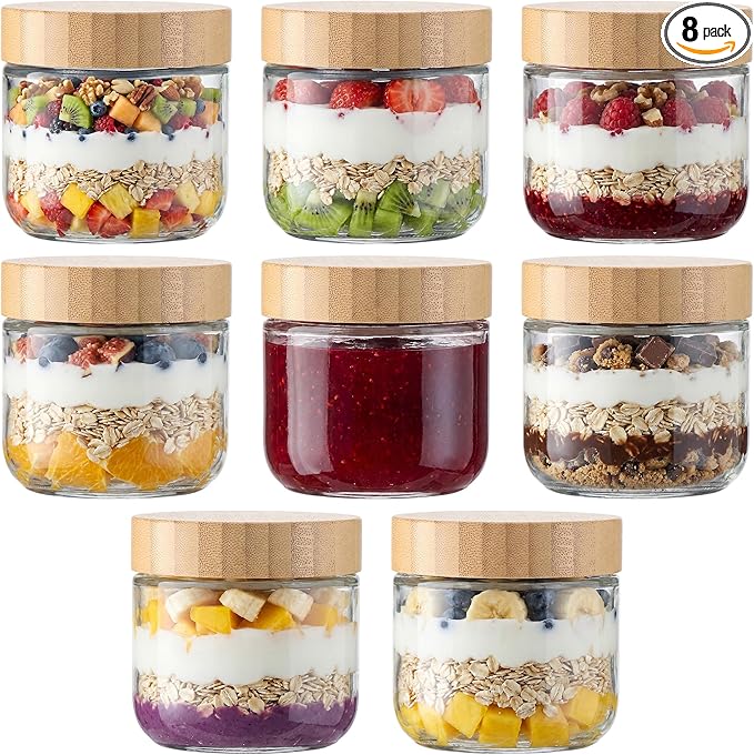 Vtopmart 8 Pack 10oz Glass Overnight Oats Containers with Bamboo Lids, Portable Wide Mouth Glass Jars Leak-proof, Reusable Food Storage Containers for Meal Prep, Jam, Sauce, Salad Dressing, and Snacks