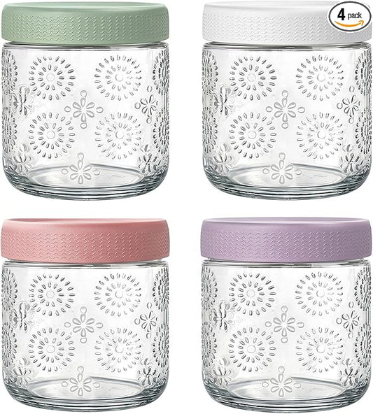 4 pack 16 oz Overnight Oats Containers with Lids, Glass Food Storage Container, Airtight Salad Jars, Mason Jars for Overnight Oats, Yogurt, Oatmeal, Salad, Coffee, Spices