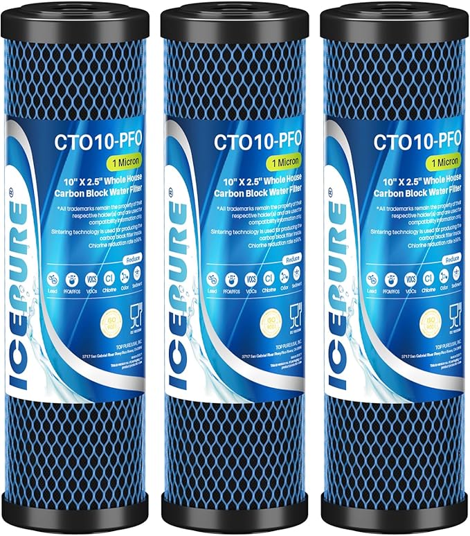 ICEPURE 1 Micron 10" x 2.5" Whole House PFOA/PFOS Carbon Water Filter Cartridge Replacement for DuPont WFPFC8002, WFPFC9001, SCWH-5, WHCF-WHWC, FXWTC, CBC-10, RO Unit, Pack of 3
