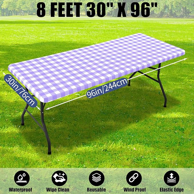 Smiry Picnic Table Cloth 2 Pack, Waterproof Elastic Fitted Tablecloths for 8FT Rectangle Tables, Washable Polyester Buffalo Plaid Tablecloth for Camping, Dining & Outdoor (Purple & White, 30" x 96")