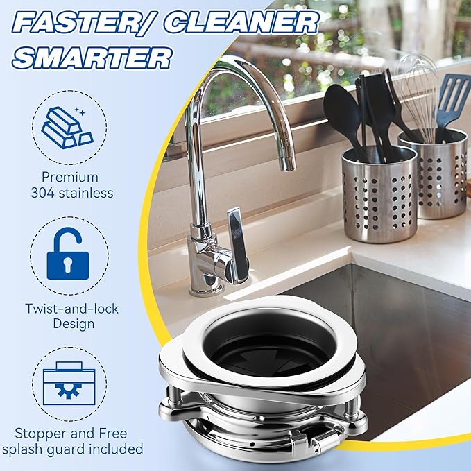 Saillong Garbage Disposal Flange, 3 Bolt Mount Stainless Steel Kitchen Sink Flange Kit with Stopper for 3 1/2 Inch Standard Sink Drain Hole, Compatible with InSinkErator Models Garbage Disposal