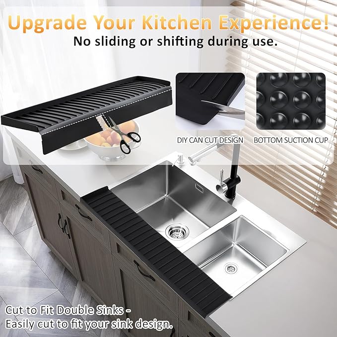 Sink Edge Protector with Suction Cup 4"x20", Silicone Sink Splash Guard for Kitchen & Bathroom, Protect Countertop from Scratches, Stains, for Stainless Steel Granite Quartz-Black