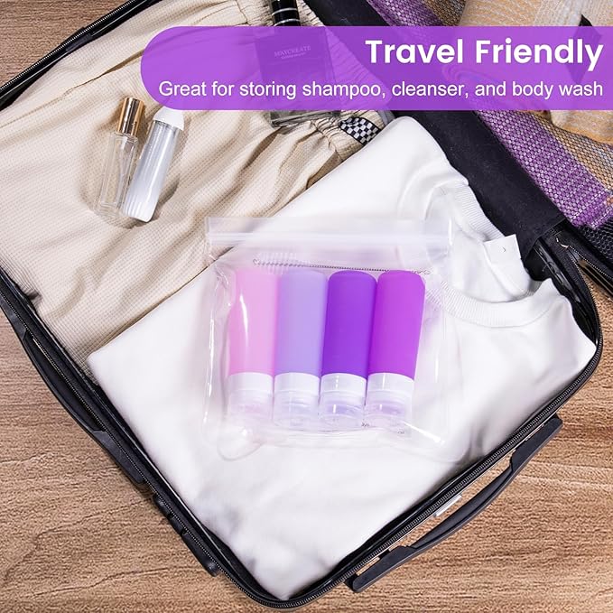 MICEBAY Condiment Squeeze Bottles for Sauces, 3-oz Mini Silicone Salad Dressing Container to Go with Snack Storage Bag, Leakproof Sauce Bottles for Lunch Box, 4 Pack, Purple