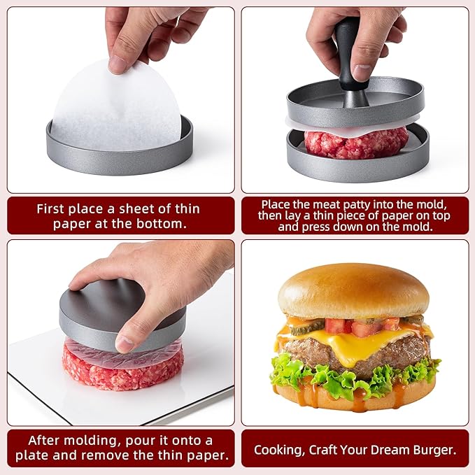Burger Press 100 Patty Papers Set,4.6 Inch Round Smasher,Non-Stick Hamburger Patty Maker with Wax Paper,Aluminum Burger Maker for Kitchen BBQ Meat Beef Cheese Veggie Burger Maker