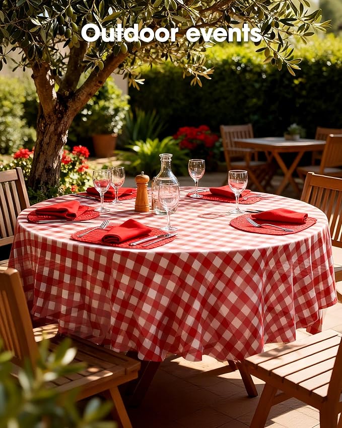 Pureegg Plastic Table Cloth Disposable 10 Pack, 84'' Round Table Cloths, Party, Picnic, Decorative Gingham Tablecloths, Round, Black and White Checkered Cover, Leakproof & Sturdy, Black Plaid