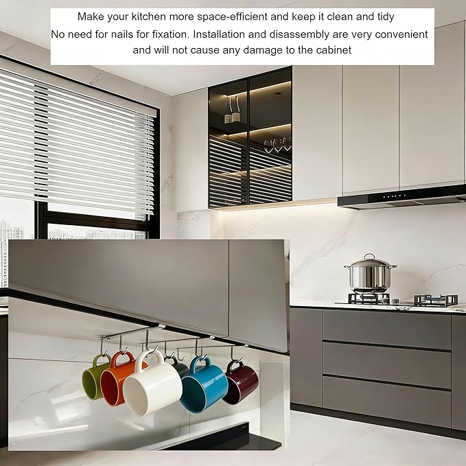 Nailless Fixed Coffee Cup Storage Rack - Hanger for Storing Cooking Utensils - Cabinet-Style Storage Rack for Kitchen Coffee Bar Accessories - Stainless Steel Storage Hook - Silver