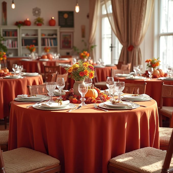 sancua Thanksgiving Round Tablecloth 108 Inch Diameter, 6 Pack Rust Circle Polyester Fabric Fall Table Cloth for Holiday Party Reception, Washable Burnt Orange Table Cover (Fit 42-96 Inch Tables)