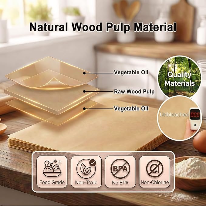 Parchment Paper Sheets, 9x13 Inch Non-Stick Precut Unbleached Parchment Paper for Baking, Grilling, Air Fryer and Steaming, Perfect for Cookies, Bread, Cakes and More, 200PCS