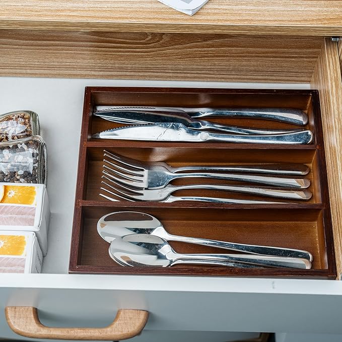 Silverware Organizer Bamboo Kitchen Drawer Organizer, Flatware Organizer Tray for Kitchen, Flatware, Utensils（Brown）