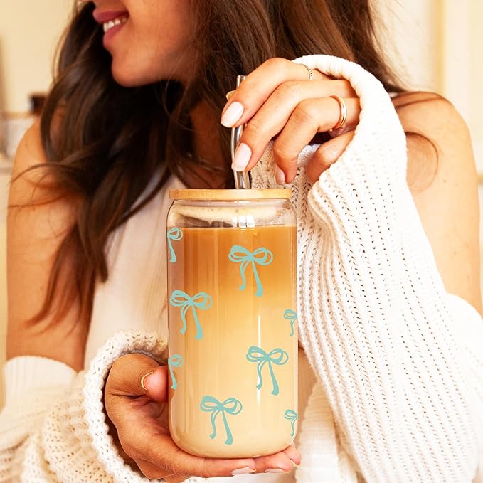 BIPEDS Coquette Cute Sage Green Bow Glass Cups with Lids and Straws, Aesthetic Iced Coffee Cup Girly Preppy Tumbler Mug, Christmas Valentines Birthday Gifts for Women, Teen Girl Gifts Trendy Stuff