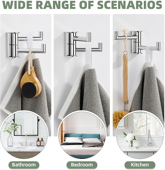 Angle Simple Swivel Robe Hook Polished Chrome, 304 Stainless Steel Bathroom Towel Double Hook for Wall