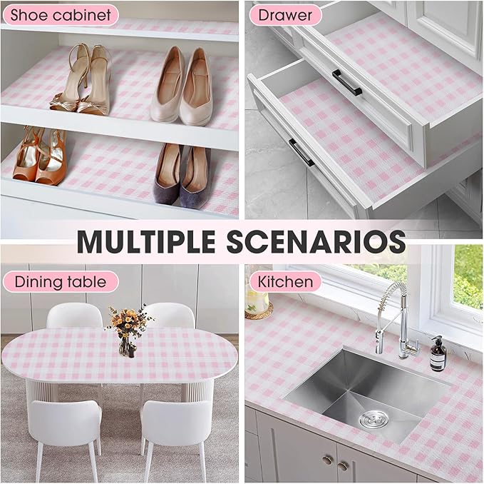 Drawer and Shelf Liner, Non-Slip Kitchen Cabinet Liners Non-Adhesive Thick Strong Grip Waterproof Washable Mats Protect Dresser Shelves Cupboard Bathroom Cabinets, Pink Plaid, 12 in X 20 FT