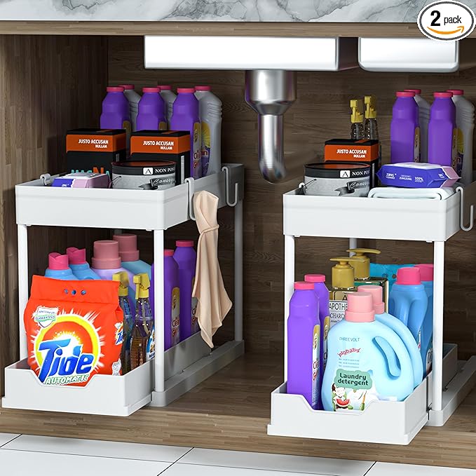 2 Pack Under Sink Organizer, 2 Tier Bathroom Cabinet Organizer with Sliding Basket, Multi-Purpose Under Sink Organizers and Storage for Bathroom Kitchen (White 2 Pack)