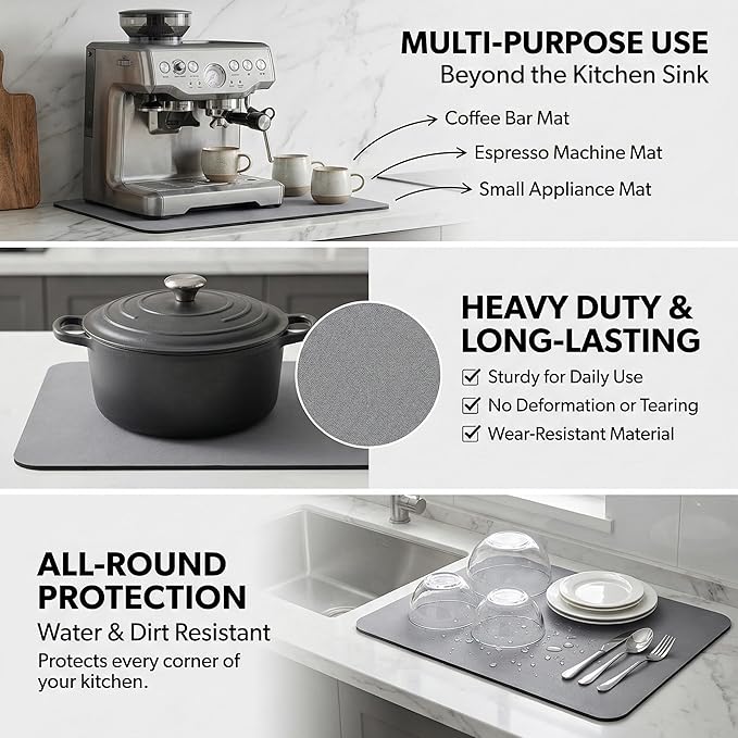 Extra Large Dish Drying Mats: 33"L x 17"W XXL Customizable Trimmable Non-Slip Absorbent Mat, Oil Stain Resistant Easy Clean Drip Catcher Counter Protector for Kitchen Sink Coffee Bar Espresso Machine