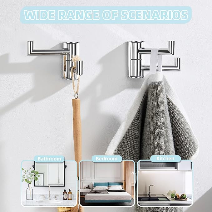 Angle Simple Swivel Hook for Towel Polished Chrome 2 Pack, 304 Stainless Steel Bathroom Towel Double Hook for Wall