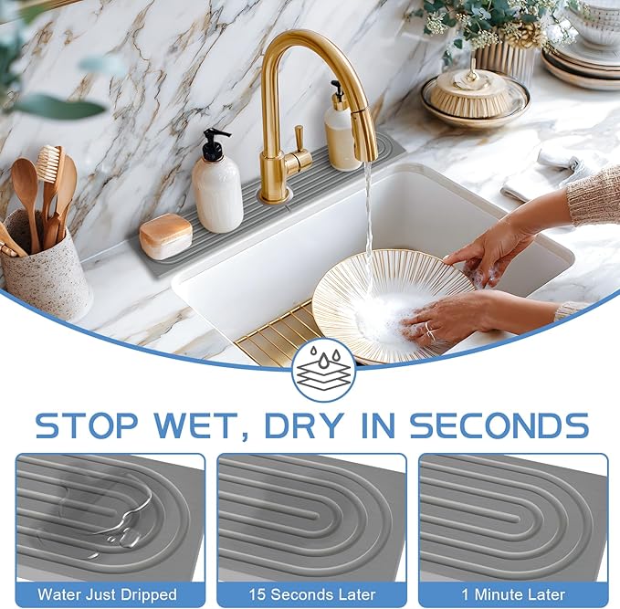 Stone Faucet Mat for Kitchen Sink, Water Absorbent Fast Drying Stone Tray for Sink , Quick Dry Diatomite Splash Guard for Bathroom Counter to Prevent Moisture Buildup, 23.6" x 4", Gark Grey