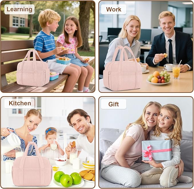 KUBYA Corduroy Lunch Box Lunch Bag for Women Men, Cute Strawberry Small Insulated Reusable Work Leakproof Simple Lunch Boxes Tote Bag Adults Cooler Bag