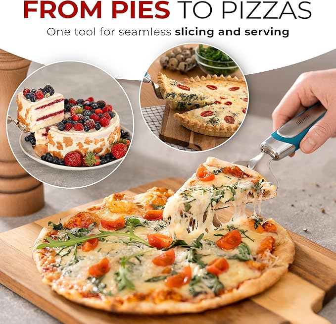 Orblue Pie Server, Essential Kitchen Tool, Serrated on Both Sides, Great for Right or Left Handed Chef, Stainless Steel Flatware, Cake Cutter, Blue