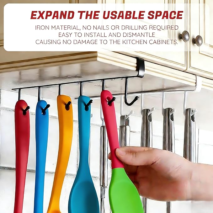 Adhesive Mug Holder Under Cabinet No Drilling Clip-On Cooking Utensil Holder with 6 Kitchen Hooks Space Saving Utensil Holder for Kitchen Counter Wall Hooks for Hanging Spatula Spoon Towel