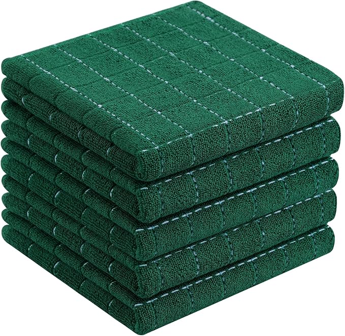 Homaxy 100% Cotton Terry Kitchen Towels(Dark Green, 13 x 28 inches), Checkered Designed, Soft and Super Absorbent Dish Towels, 5 Pack
