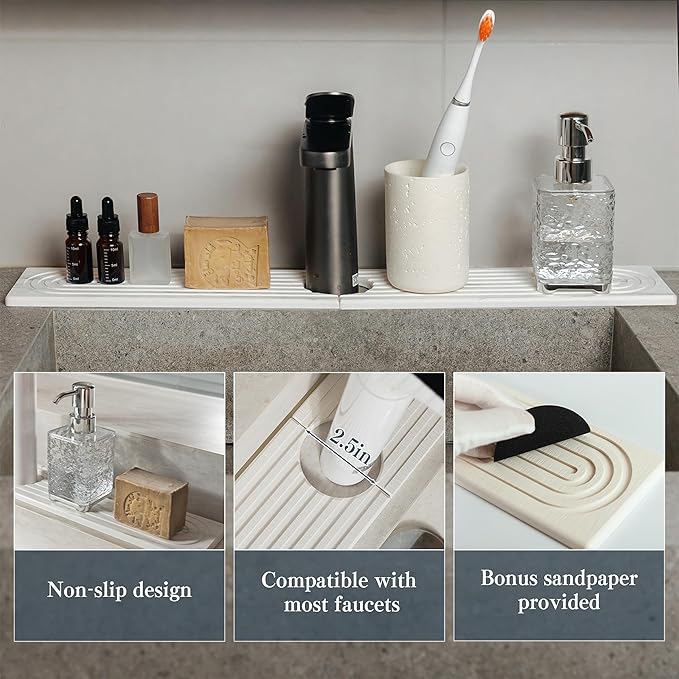 Stone Faucet Mat for Kitchen Sink, Quick Drying Mats, Water Absorbing Guard & Sink Protectors, Diatomite Bathroom Counter Tray, Kitchen Decor Home Accessories - Marble White,15.8''x4''