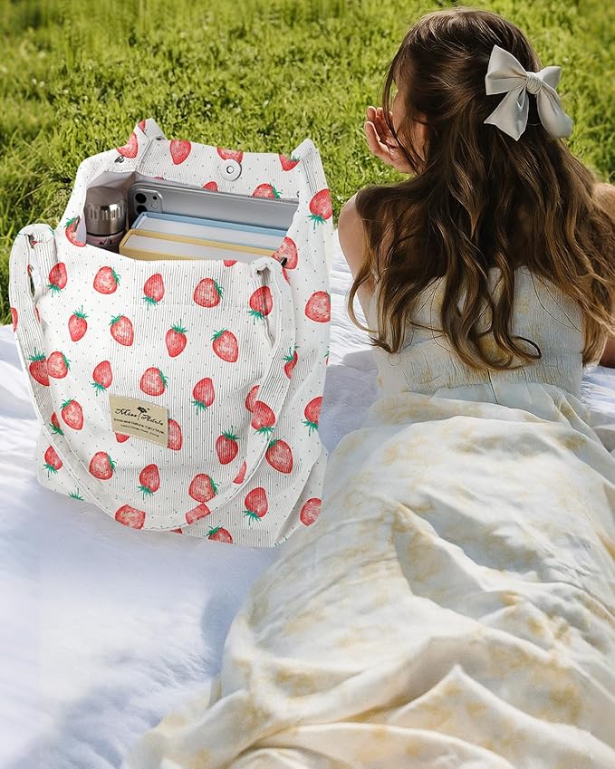 Miss Adola Corduroy Tote Bag for Women - Reusable Totes with Magnetic Buckle & Pocket Aesthetic Design Work Grocery Bags