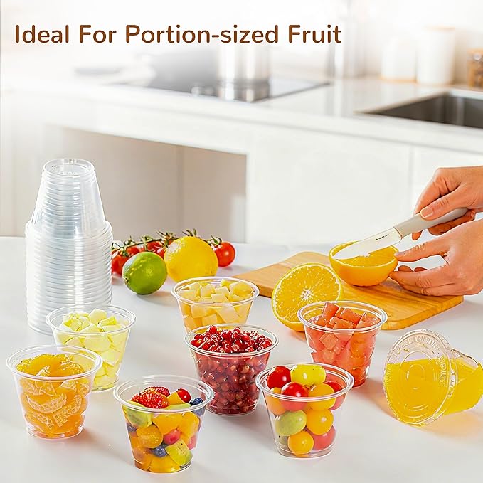 9oz Clear Plastic Cups with Flat Lids No Hole Disposable Togo Cups with Lids for Fruit Snack Yogurt Jelly Pudding Cold Drink in Party Picnic (300 Sets)