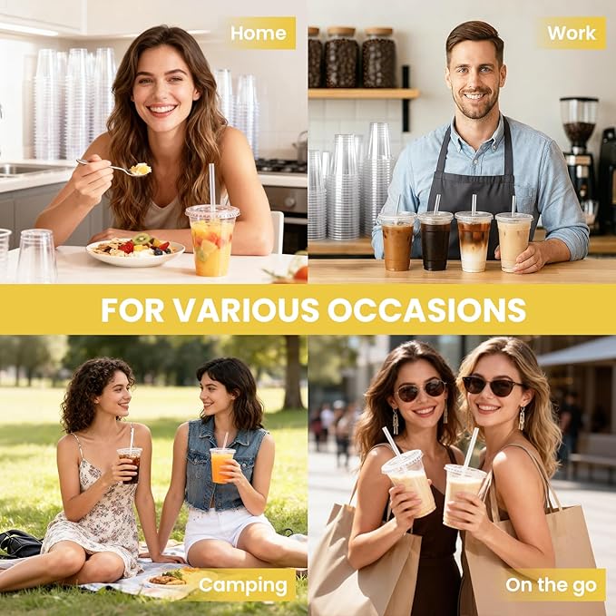 100 Pack 16 oz Plastic Cups with Lids and Straws, Clear Disposable Plastic Cups, Heavy Duty Iced Coffee Cups with Leak-Resistant Lids, Cold Drink Cups for Smoothies, Juice, Soda & Party To Go
