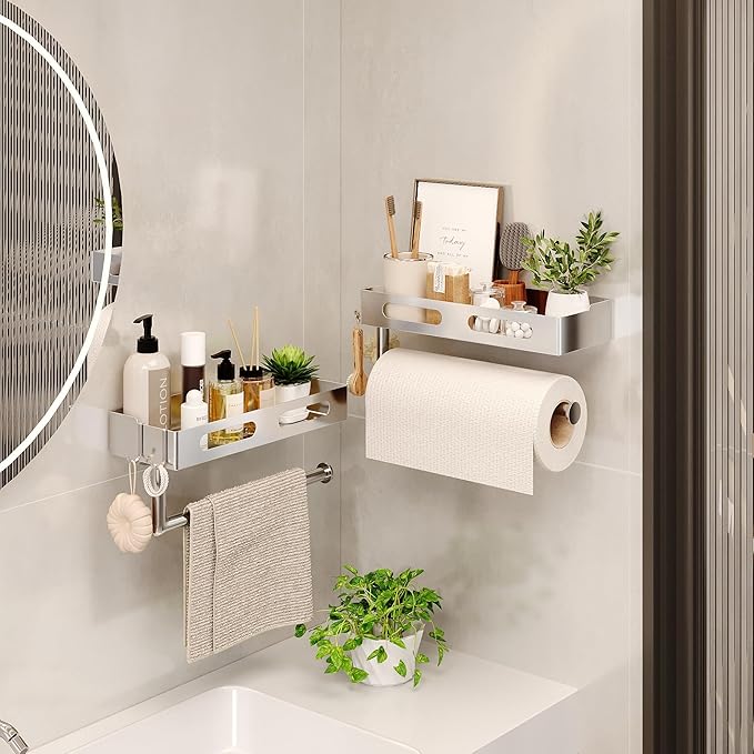 Paper Towel Holder Wall Mount for Bathroom, Paper Towel Holder with Shelf for Kitchen, RV Paper Towel Rack Stainless Steel, Silver