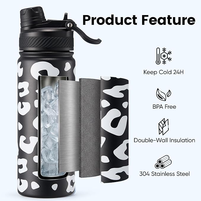 Fijinhom 18 oz Insulated Water Bottle, 2-in-1 Straw and Spout Lid Stainless Steel Thermos, Leak-Proof, Double Wall Vacuum Flask, Keep Cold 24H for Outdoor, Sports, Travel, School (Cow)