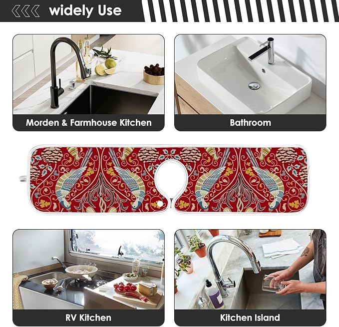 Sink Mat for Faucet Sink Splash Guard Faucet Handle Drip Catcher for Kitchen Bathroom Absorbent Microfiber Dish Drying Mat Boho Bird 2pcs