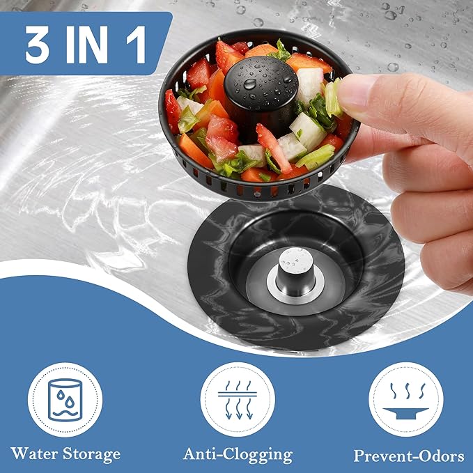 Kitchen Sink Drain Strainer 4 Pack, 304 Stainless Steel Pop Up Sink Stopper, Anti-Clogging Sink Drain Strainer for US Standard Kitchen Drain (Matte Black)