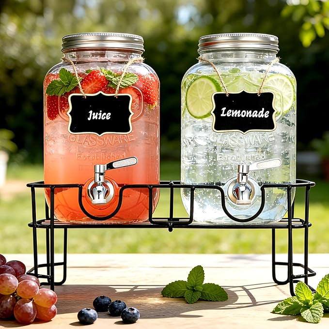 1 Gallon Glass Beverage Dispenser, 2 Pack Glass Drink Dispensers for ies with Stand, Lid&Stainless Steel Spigot, Lemonade Dispenser With Ice Cylinder for Weddings, Sun Tea Jar, Juice Dispensers