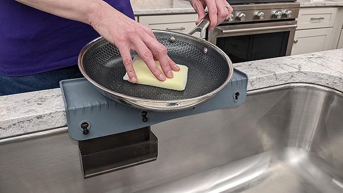 SiliSink Silicone Sink Edge Guard for Kitchen Sink - Fits 3.75” - 4” Wide - The Original Silicone Edge Protector with Sponge Caddy, 14” Gray
